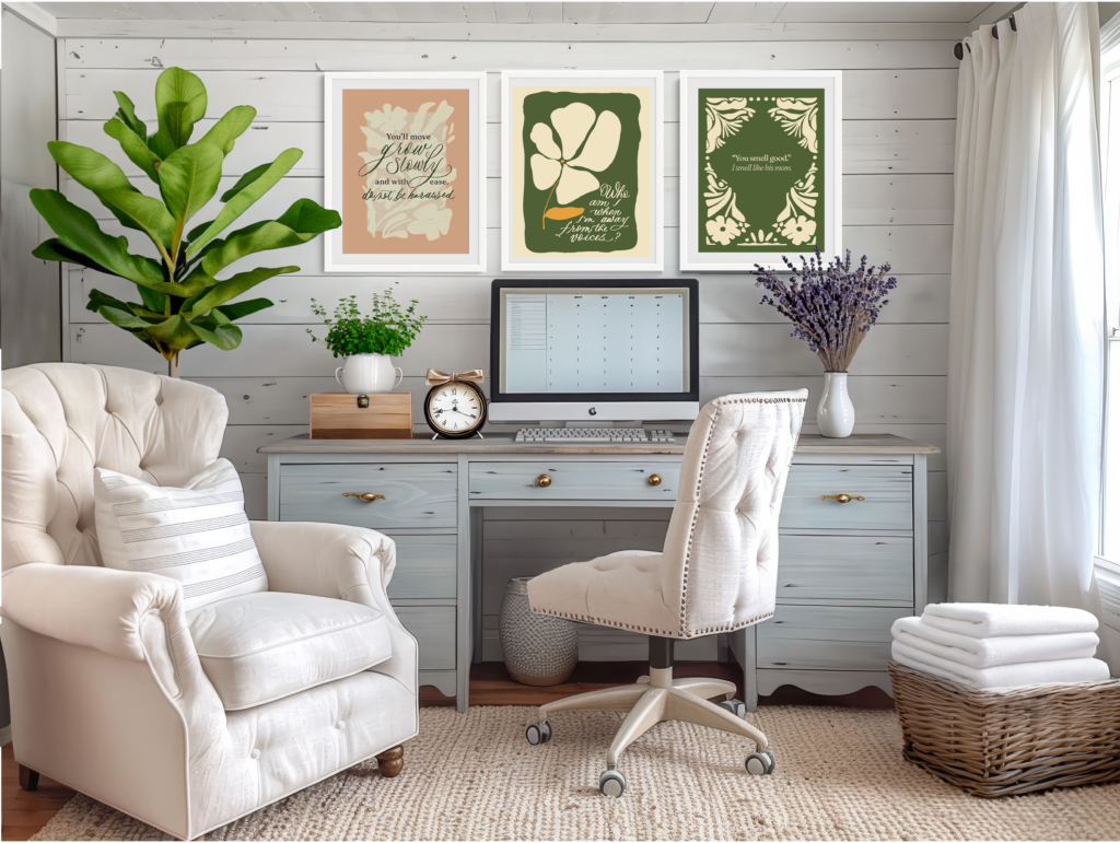 Home office with art prints designed for working moms and burnout recovery